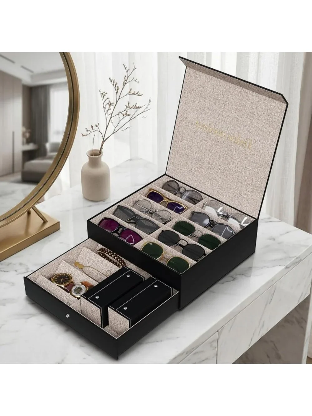 18-Slot Sunglasses Organizer Case for Men & Women - Travel Holder & Jewelry